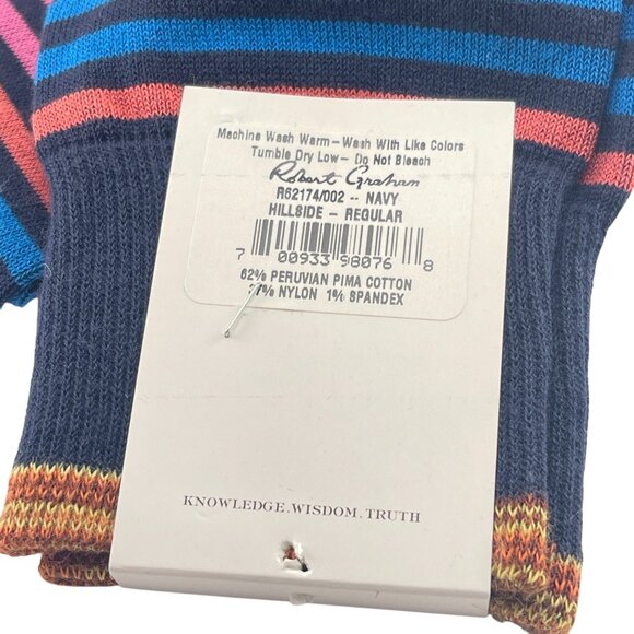 Robert Graham Mens Hillside Striped Crew Socks Navy Pima Cotton Blend - Picture 4 of 6